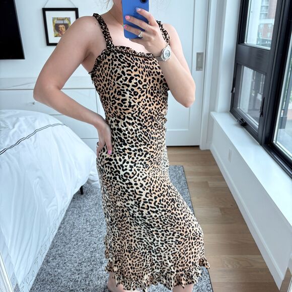 Faithfull The Brand Sleeveless Ruffle Trim Leopard Print Noemie Midi Dress 4 - Picture 4 of 9
